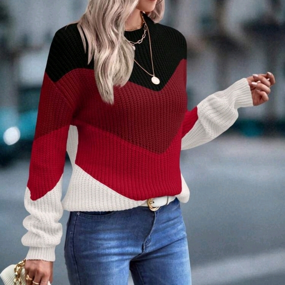 Women Casual Contrast Color Round Neck Drop Shoulder Long Sleeve - Picture 4 of 5